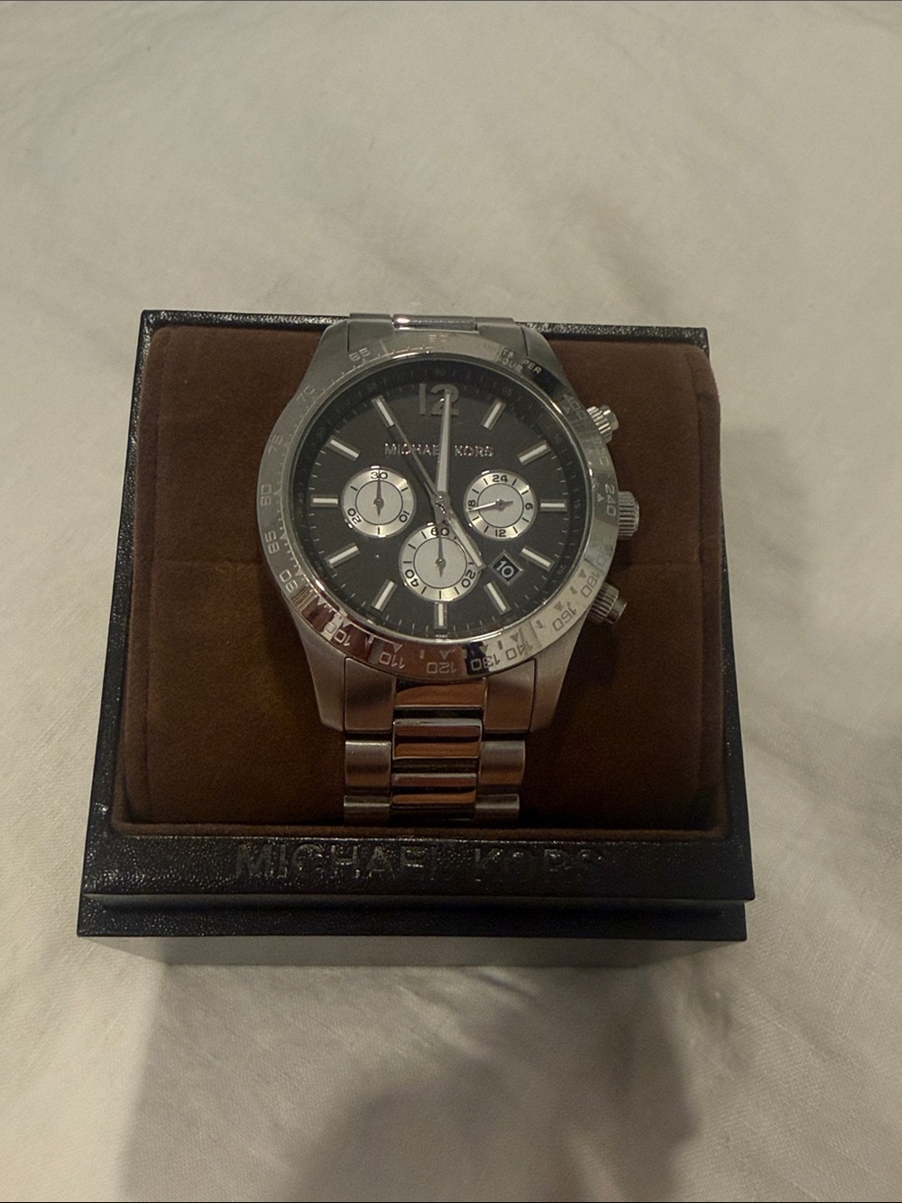 Michael Kors Silver and Black Stainless Steel Chronograph Watch